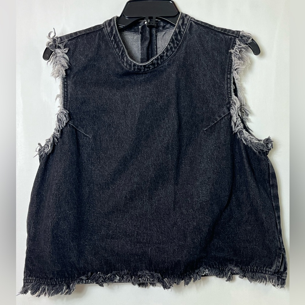 GAP 1969 Black Denim Mock Neck Crop Frayed Jean Shell Sleeveless Top Sz …
